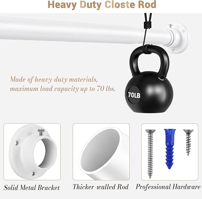 Closet Rod Adjustable 17 to 28 Inch, 1-1/4” Diameter, Closet Rods for Hanging Clothes, Stepless Metal Heavy Duty Hanging Rod for Closet Wardrobes Laundry RV (White)