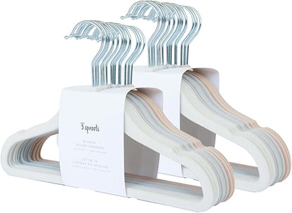 3 Sprouts Velvet Baby Hangers - Non-Slip Hanger for Infant, Toddler, Baby Clothes - Closet Kids Hangers with Slim Design, Nordic Colors, Pack of 30 - Assorted Cream, Grey, Hazelnut