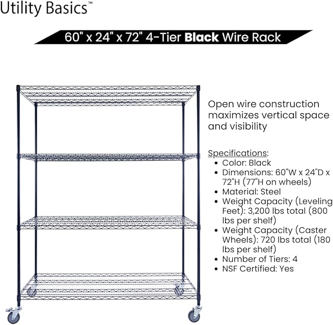 Utility Basics NSF Commercial 4-Tier Wire Shelving with Wheels, 60"x24"x72" Heavy Duty Metal Shelves 3200 lbs Max Capacity, Black Storage Rack for Garage Kitchen Pantry Warehouse