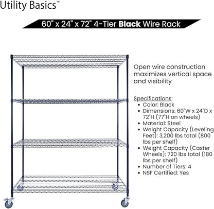 Utility Basics NSF Commercial 4-Tier Wire Shelving with Wheels, 60"x24"x72" Heavy Duty Metal Shelves 3200 lbs Max Capacity, Black Storage Rack for Garage Kitchen Pantry Warehouse