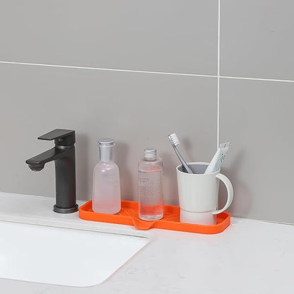 MicoYang Silicone Soap Dish with Drain Spout — Self-Draining Double Sink Organizer Tray for Kitchen & Bathroom, Dispensers, Sponges & Soap Holder, Non-Slip & Dishwasher Safe, Orange (Large, 12"×4")