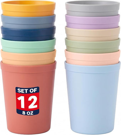 MASTERCOOK 12 Pcs. Small Reusable Cups –8 oz Unbreakable Drinking Glasses -Toddler Cups for Water, Juice, Milk–BPA Free Stackable Tumblers Plastic Cup set for Kitchen, Picnics, Parties- Kid-Friendly