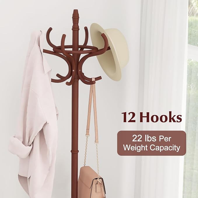 Giantex Solid Wood Coat Rack, Freestanding Hanger Stand w/12 Hooks, Umbrella Holder, Entryway Hall Tree for Coat, Hats, Scarves, Bags, Wooden Garment Rack for Bedroom, Hallway (Reddish Brown)