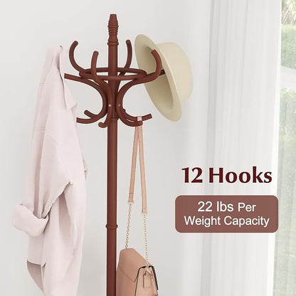 Giantex Solid Wood Coat Rack, Freestanding Hanger Stand w/12 Hooks, Umbrella Holder, Entryway Hall Tree for Coat, Hats, Scarves, Bags, Wooden Garment Rack for Bedroom, Hallway (Reddish Brown)