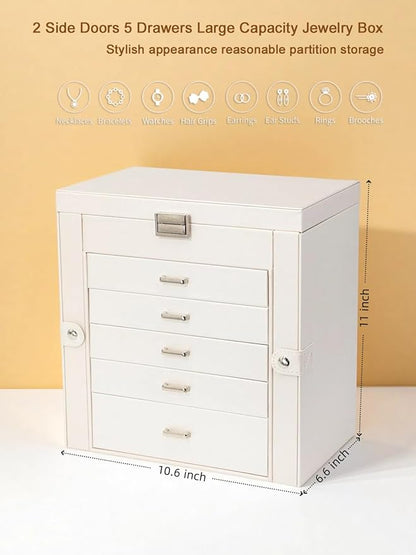 BOOVO Jewelry Box For women, 6 Layer Large Jewelry Organizer With Mirror, Multi-Function Storage Box With Lock, Accessory Holder With 5 Drawers, For Earrings Necklace Ring Bracelet (Pearl White)