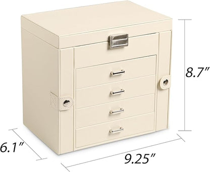 Frebeauty 5-layer Jewelry Box,Faux Leather Jewelry Organizer with 4 Drawers,Jewelry Organizers and Storage with Mirror,Jewelry Holder Organizer for Necklace,Jewerly Boxes for Women Girls(Beige)