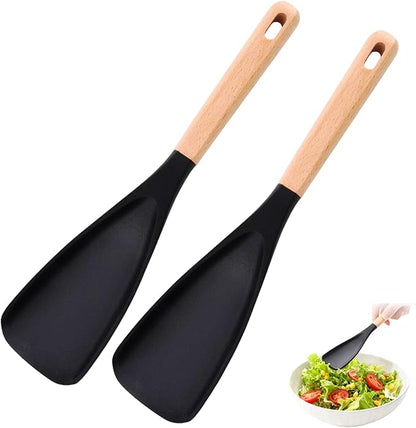 2Pcs Cedar and Ash Spoon, Cedar and Ash Multi Cooking Spoon for Nonstick Cookingwares, Multifunction Spatula Spoons Silicone Heat Resistant, Wood Handle Spatula for Mixing, Scoop, and Scrape (Black)