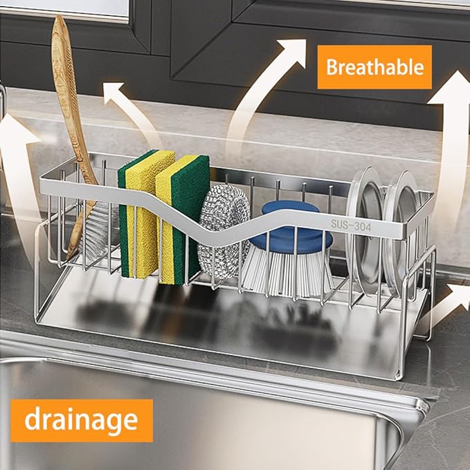 MINGFANITY Sponge Holder for Kitchen Sink, Quick Draining, SUS 304 Stainless Steel Sponge Organizer, Basket for Cleaning and Scrub Tool, Kitchen Sink Brush Caddy Holder,Large Size and Capacity