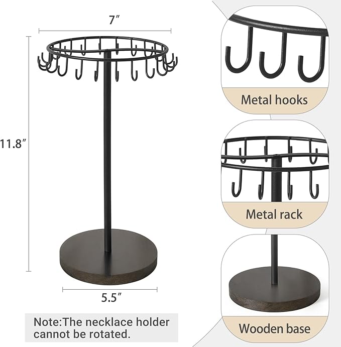 Mkono Necklace Holder Metal Jewelry Display Stand Necklace Organizer with 22 Hooks for Storage and Hanging Bracelet Keychain Home Room Decor for Women,Black