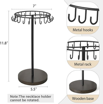 Mkono Necklace Holder Metal Jewelry Display Stand Necklace Organizer with 22 Hooks for Storage and Hanging Bracelet Keychain Home Room Decor for Women,Black