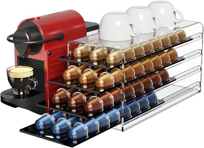 Acrylic Coffee Pod Holder for Nespresso OriginalLine Capsules, 4 Tier Organizer Drawer with 96 Pods Capacity for Countertop Coffee Bar Home Office Kitchen