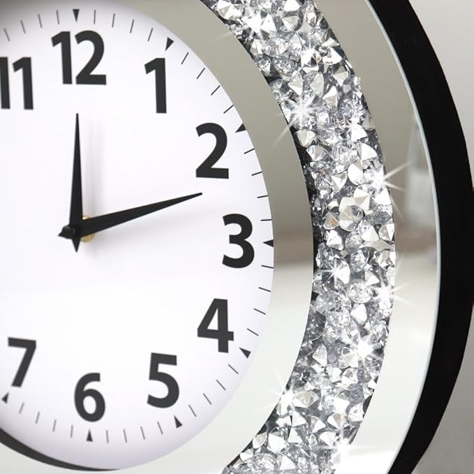 DMDFIRST Crystal Crushed Diamond Mirrored Round Wall Clock 16x16x2 inches for Wall Decoration Silver Glass Mirror Clock Sparkle Twinkle Bling Home Decor. AA Battery is not Included.