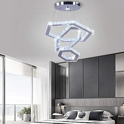 Modern Crystal Chandeliers Big 3 Rings LED Ceiling Light Adjustable Stainless Steel Pendant Light for Bedroom Living Room Dining Room (6500K Cool White)(25cm+35cm+45cm)