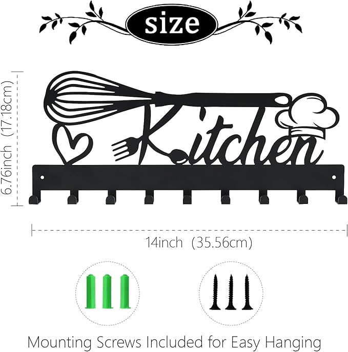 Metal Key Holder, Wall Mounted Key Hooks, Key Holder for Wall, Key Organizer Rack with 9 Hooks, Key Hanger Decor for Kitchen, Entryway, Hallway, Bedroom, Doorway (Kitchen 14IN)