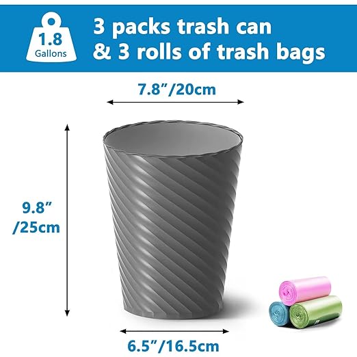 Lysam Bathroom Trash Can, 3 Pack 1.8 Gallons Small Trash Can with Trash Bags, Bathroom Garbage Can, Plastic Trash Bin, Round Waste Basket for Bath，Bedroom, Office, Kitchen, Room, Compact Space (Grey)