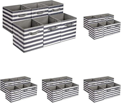 Amazon Basics Collapsible Fabric Storage Bins with Handles, Cube Organizer for Home Organization, White/Light Grey Stripe, 10.5"x10.5"x11" (Pack of 30)