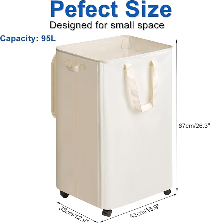 Vincona Slim Laundry Hamper with Lid and Wheels, Small Rolling Laundry Basket with Handle for Small Spaces, Tall Dirty Clothes Hampers for Dorm, Bathroom and Bedroom, 95L, Beige