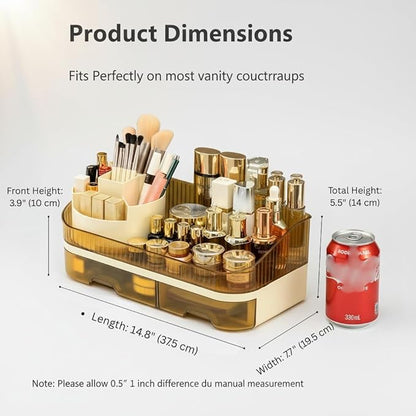 Makeup Organizer Countertop with Dual Drawers, Large Capacity Cosmetic Storage for Vanity Bathroom Skincare, 360° Rotating Makeup Brush Holder
