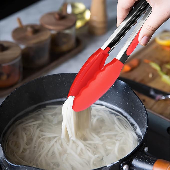 HINMAY 7-Inch Mini Silicone Tongs Small Serving Tongs for Appetizers, Set of 3 (Red)