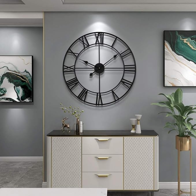 Silent Non-Ticking Decorative Large 24 Inch Metal Vintage Retro Roman Numerals Wall Clock, Battery Operated for Living Room, Bedroom, Kitchen, Office, Cafe Farmhouse Decor