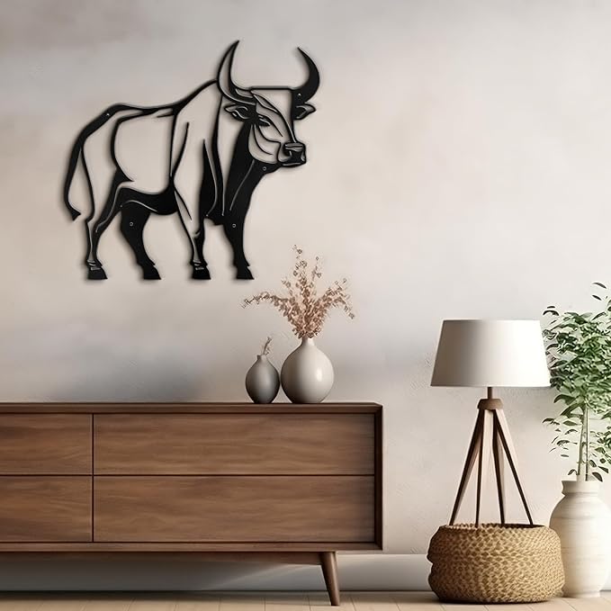 SIGNLEADER Metal Wall Art Decor Ferocious Cow Minimalist Modern Abstract Wall Sculpture Hangings Home Decoration for Living Room, Bedroom, Bathroom, Kitchen, Outdoor - 18" Black