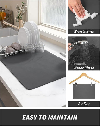 AMOAMI-Coffee Mat Hide Stain Rubber Backed Absorbent Dish Drying Mat for Kitchen Counter-Coffee Bar Accessories Fit Under Coffee Maker, Espresso Machine, Pot, Dish Rack,16"x24" Dark Grey
