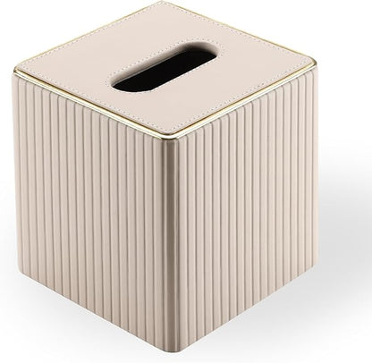KINGFOM Square Tissue Box Cover, PU Leather Tissue Box Holder for Kleenexs with Magnetic Bottom Cover for Facial Tissues/Napkins, Office & Living Room Decor Box Beige