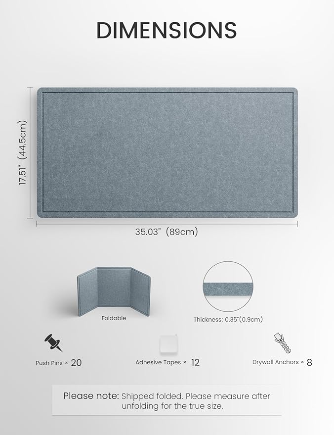 Fluxynara Bulletin Board, 35" x 17.5" Cork Board Alternative with 12 Safe Removable Adhesive Tabs, Foldable Felt Pin Board for Home Office, Classroom, Bedroom,Entryway for Walls— Blue Gray