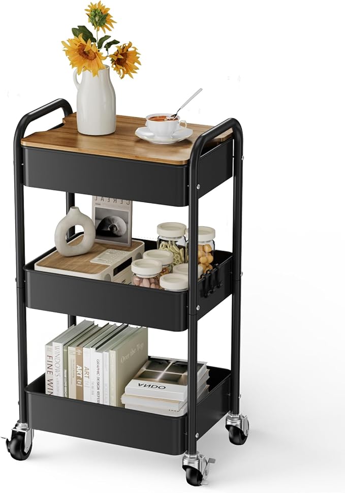 johgee 3 Tier Rolling Cart with Table top, Metal Utility Cart, Sturdy Storage Organizer Cart with Locking Wheels & Hooks for Office, Classroom, Kitchen and Bathroom