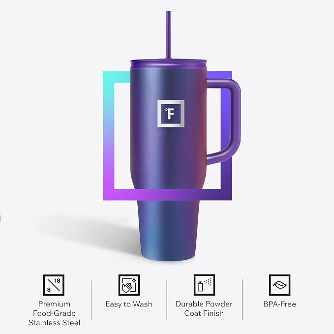 IRON °FLASK Co-Pilot Insulated Mug w/Straw & Flip Cap Lids - Cup Holder Bottle for Hot, Cold Drink - Leak-Proof - Water, Coffee Portable Travel Mug - Burgundy, 40 Oz