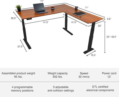 S STAND UP DESK STORE Triple Motor Electric L-Shaped Corner Standing Desk with EZ Assemble Frame (Black Frame/Teak Top, 71in W x 71 inch D