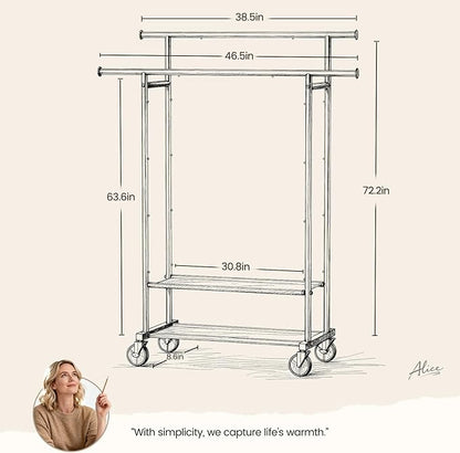 Double Rods Clothes Rack, Rolling Clothing Rack for Hanging Clothes Closet Rack with Wheels, Metal Portable Garment Rack with Double Shelves for Bedroom Laundry Living Room, Black