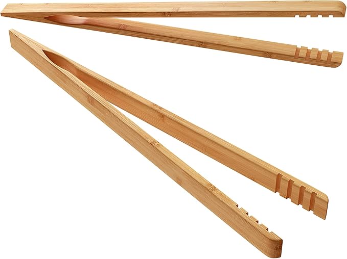 DUJEN 2 Pieces Bamboo Toast Tongs, 10.2 Inches Long Wood Toaster Tongs with Anti-slip Design, Tongs for Cooking with Cooking Oil Coating