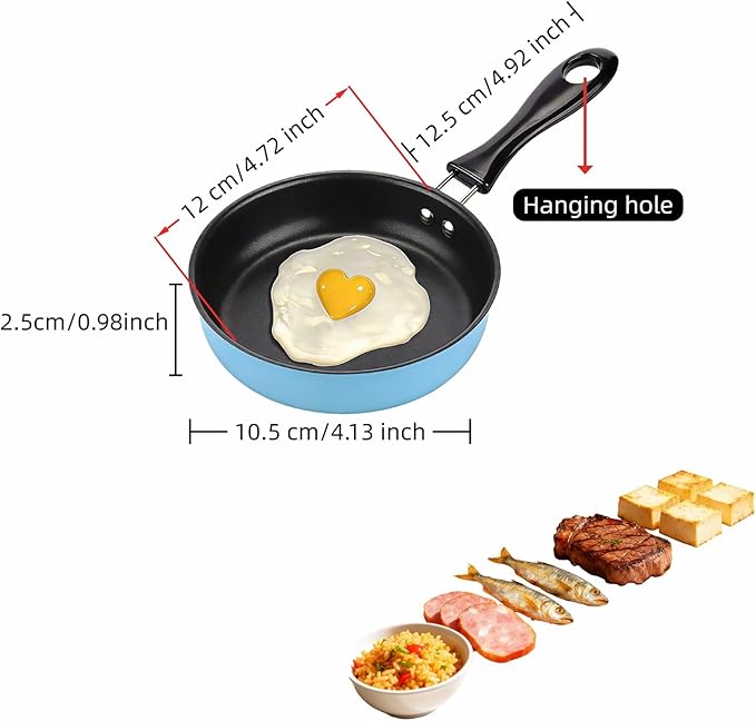4.7 Inch Mini Frying Pan, Black Non-Stick Egg Pan with Hanging Hole, Flat Bottom Design for Gas, Induction, Electric Stove, Perfect for Single Serve Breakfast, Omelets & Camping, RV Use (Blue)