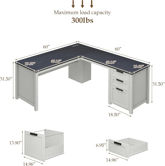 Vabches Wood L Shaped Executive Desk, Farmhouse Home Office Desk with Drawers and Under-Desk Storage Shelf Corner Computer Desk with Power Outlets for Home Office, Study, Bedroom, White and Black
