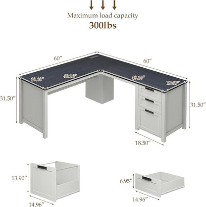 Vabches Wood L Shaped Executive Desk, Farmhouse Home Office Desk with Drawers and Under-Desk Storage Shelf Corner Computer Desk with Power Outlets for Home Office, Study, Bedroom, White and Black