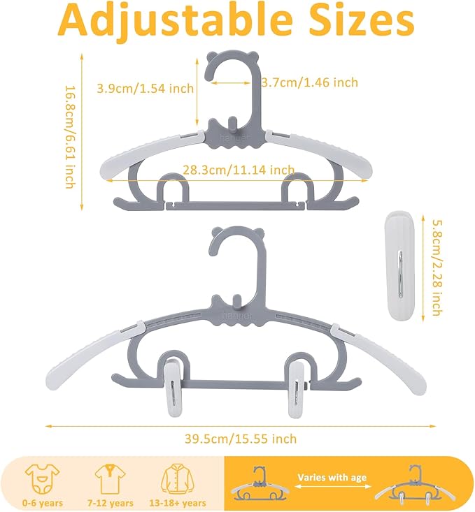 30 Pack Baby Clothes Hangers with 16 Clips, 11-15 inch Adjustable Kid Hanger, Multifunctional Children Hanger for Girl Boy Toddler Kids Child(Grey)