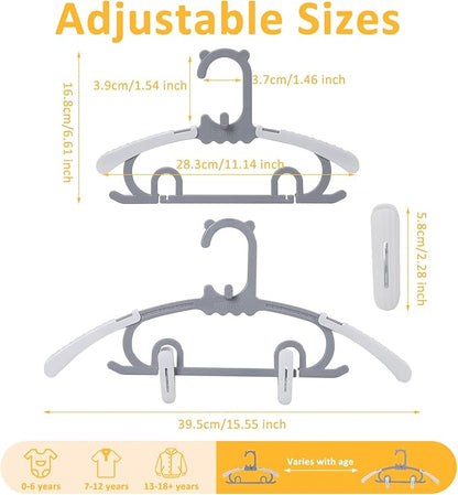 30 Pack Baby Clothes Hangers with 16 Clips, 11-15 inch Adjustable Kid Hanger, Multifunctional Children Hanger for Girl Boy Toddler Kids Child(Grey)