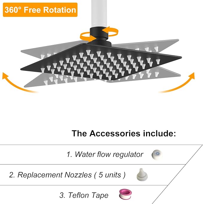 BESy 6 Inch Rain Shower Head, 6" Square Rainfall & High Pressure Stainless Steel Bath Showerhead, 1/16" Ultra Thin, Waterfall Full Body Coverage with Silicone Nozzle, Matte Black Finish