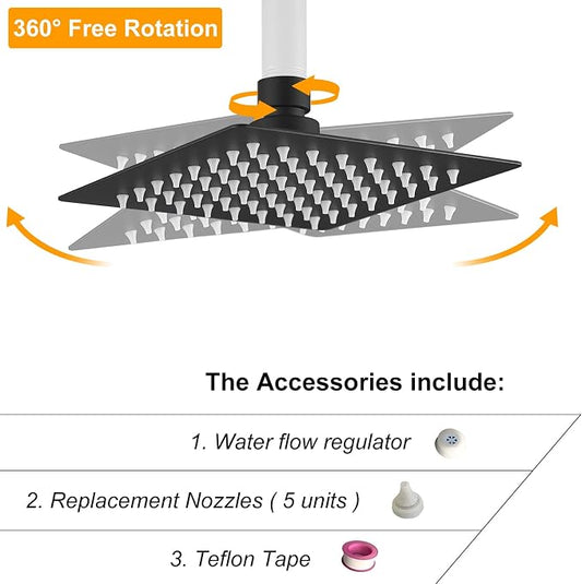 BESy 6 Inch Rain Shower Head, 6" Square Rainfall & High Pressure Stainless Steel Bath Showerhead, 1/16" Ultra Thin, Waterfall Full Body Coverage with Silicone Nozzle, Matte Black Finish