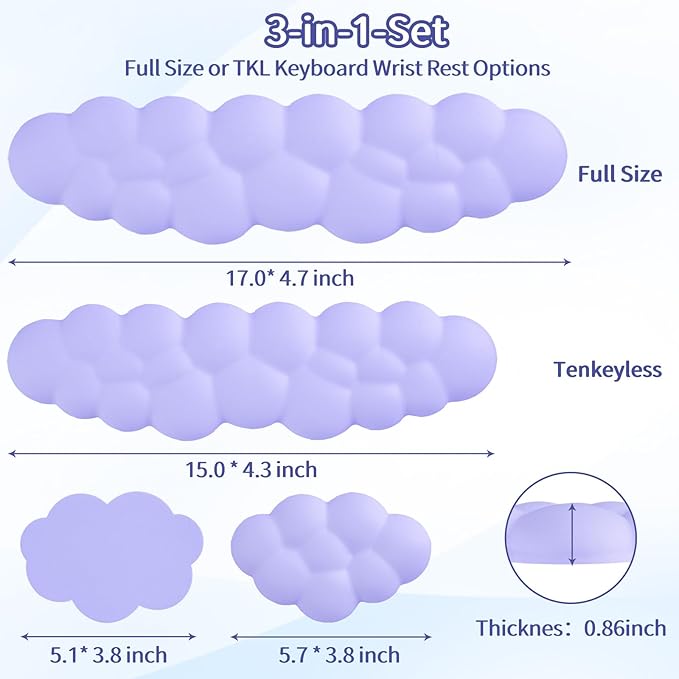 Sushret Cloud Wrist Rest Keyboard, Cloud Keyboard Wrist Pad Set with PU Leather Memory Foam, Cute Arm Rest for Palm Support, PC/Gaming Desk Accessories/Office Setup/Computer Hand Cushion - Purple