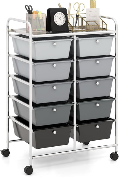 HAPPYGRILL 10-Drawer Rolling Storage Cart, Storage Organizer Cart with Lockable Wheels, Beauty Salon Movable Utility Cart for School, Office, Home, (Black Gradient)