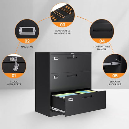 3 Drawer File Cabinets for Home Office, Office Storage Caninets Steel Cabnet for Letter/Legal/A4/F4-Assembly Required