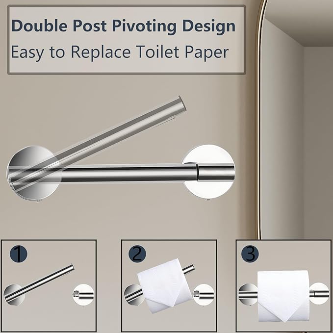 Toilet Paper Holder, Double Post Pivoting Design, Stainless Steel Rustproof Bathroom Tissue Holder, Wall Mount Fits Mega Rolls, for Home, RV, Commercial Bathroom Chrome