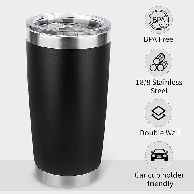 20oz Stainless Steel Tumbler with Lid, Travel Mug - Double Wall Vacuum Powder Coated Cup - Black, 1 Pack