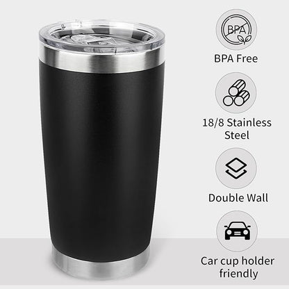20oz Stainless Steel Tumbler Bulk with Lid, Travel Mug - Double Wall Vacuum Powder Coated Cup - Black, 6 Pack