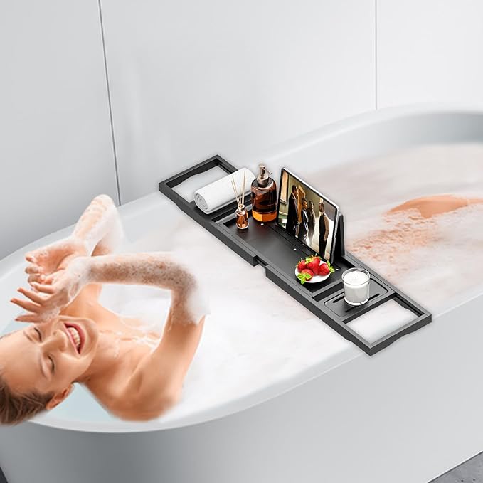 Bathtub Tray Black- Expandable Bamboo Wooden Bath Trays for Bathub - Bath Tub Table Tray for Bathtub/Tub,Adjustable Size, Fits Most Tubs