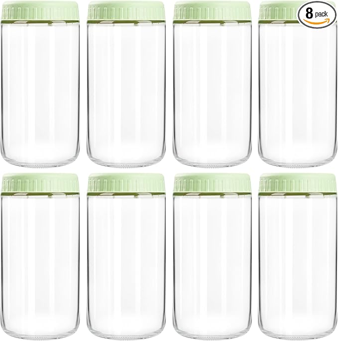 SHOWIN Overnight Oats Containers with Lids, 24oz Glass Jars with Lids 8 pcs, Light Green, Wide Mouth Mason jars for Salad, Yogurt, Snacks, Meal Prep