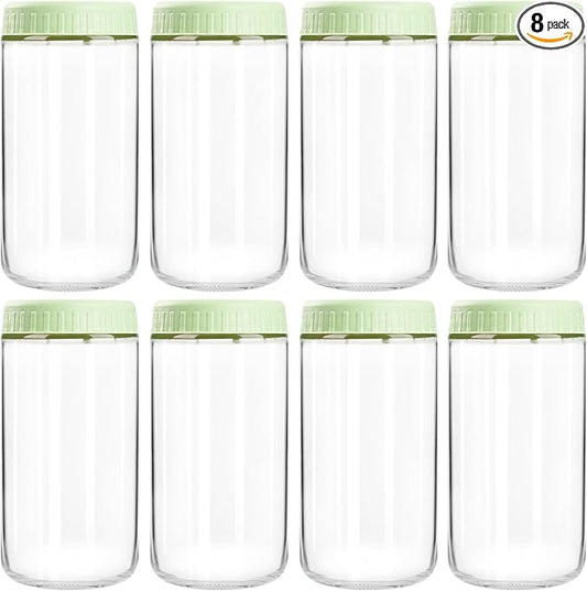 SHOWIN Overnight Oats Containers with Lids, 24oz Glass Jars with Lids 8 pcs, Light Green, Wide Mouth Mason jars for Salad, Yogurt, Snacks, Meal Prep