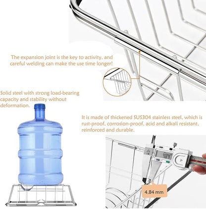 NiuYichee Stainless Steel Dish Drying Rack(14.2"L x 9.5"W x 4.1"H), Expandable Fruit & Vegetable Drain Rack over Sink, Dish Drainer Rack in Sink, with Stainless Steel Utensil Holder & 16" Silicone Mat